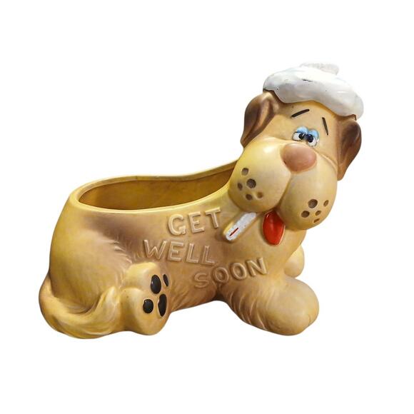 Vintage Lefton #5712 Get Well Ceramic Hound Dog Planter Gift 6"Lx5"Tx4"W - Picture 2 of 11